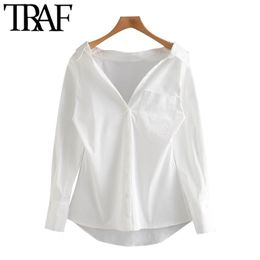 TRAF Women Fashion With Pockets Asymmetric Blouses Vintage Long Sleeve Button-up Female Shirts Chic Tops 210326