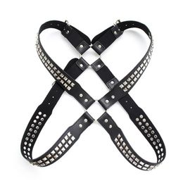 Belts Sexy Men Faux Leather Harness Belt Punk Gothic Rivet Body Bondage Cage Pin Buckled Back Crossed Chest For Gays Male