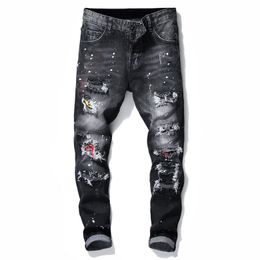 2022 Mens Rips Stretch Jeans neri Moda Slim Fit lavato Pantaloni in denim da moto Pannelli jean per uomo designer nero Pantaloni Hip HOP A8 taglia 30-38