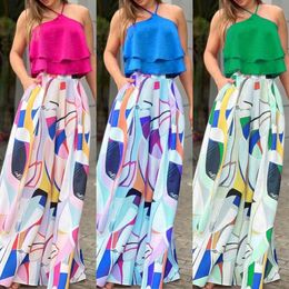 Womens Clothes Printed Straight Pants Two-piece Set For Summer 2022 Sexy Sleeveless Double-layer Halter Tops Suit