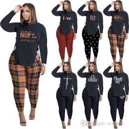 Fall Women Tracksuits Sweatsuits 2 Piece Outfits Printed Side Split Bandage Long Sleeved T Shirt And Trousers Suit Matching Sets