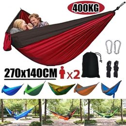 2 Person Portable Outdoor Camping Hammock with Nylon Color Matching Hammock High Strength Parachute Fabric Hanging Bed Hunting 220606