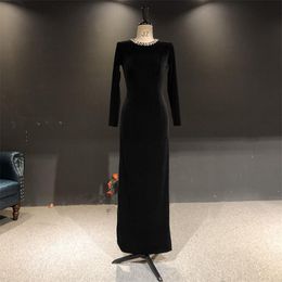 Party Dresses 100%Real Pictures Black Velvet Fabric Open Back With Crysta Beads Full Sleeves Formal Prom Dance Bridal Evening DressesParty