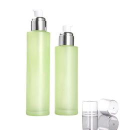 Empty Glass Green Bottle Flat Shoulder Shiny Silver Collar White Pump With Clear Cover Portable Refillable Cosmetic Container 20ml 30ml 40ml 60ml 80ml 100ml 120ml