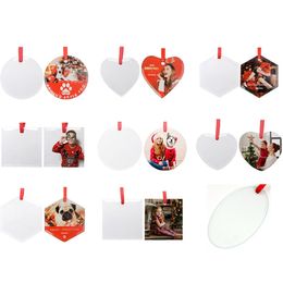 5 Style Sublimation Blanks Glass Christmas Pendant 3&3.5inch Single Side Heat Transfer Ornaments Festival Decore With Red Ribbon For DIY Crafting Home Xmas Tree Decor