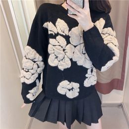 Korean Autumn Winter fashion solid color round collar full sleeve loose embroidered sweater women 201223