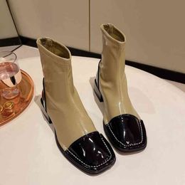 Fashionable elastic for women to new net red Korean version square head thick heel back zipper short boots in summer 2022