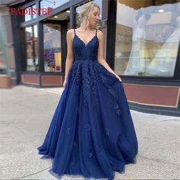 Lace Navy Blue V-neck Vestidos De Fiesta Noche Prom Party Evening Dresses Robe Soiree Gown Frock Long Soft Tulle Lace-up 220510