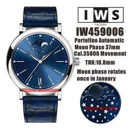 IWSF Top Quality Watches 37mm Stainless Steel Moon Phase Cal.35800 Automatic Womens Watch 459006 Blue Dial Leather Strap Ladies Wristwatches