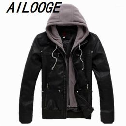 Men's Fur & Faux AILOOGE Mens Leather Jacket Crew Neck Black Hooded Motorcycle Slim Fit Jackets For Man Chaqueta Hombre Moto