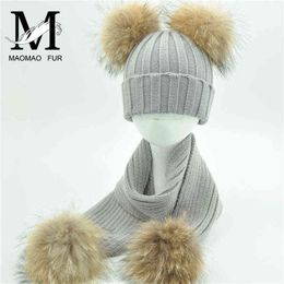 Children Fur Scarf And Hat Set Winter Warm Thick Elastic Knitted Beanie Boys Girls Real Double Fur Pom Hat and Scarf Set J220722