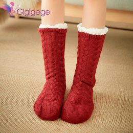 Glglgege Winter Thicken Plush Knitted Cotton Sock Nonslip Home Floor Socks Warm Midcalf Hosiery For House Slippers Y201026