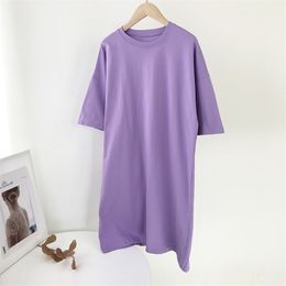 Summer Casual Loose Solid Cotton T Shirt Dress Women O Neck Oversize Mini Dresses Batwing Short Sleeve Basic Robe Vestidos 220513