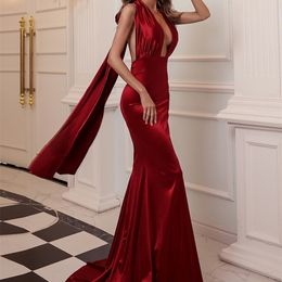 Missord Sexy Deep V-Neck Evening Party Satin Dress Sleeveless Summer Maxi Women Prom Self Tie Plunging Halterneck Fishtail Dress 220510