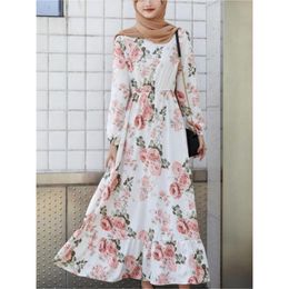 Ethnic Clothing Muslim Women's Elegant Autumn Dresses Retro Ruffle Slim Long Sleeves Beach Floral Print Female A-Line DressEthnic