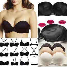 Women Strapless Padded Push Up Invisible Bras Clear Back Straps 32 34 36 38 40