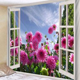 Window 3D Wall Rug Landscape Flowers Waterfall Nature Art Wall Rugs Hippie Room Decoration Boho Decor Bedroom Wall Blanket J220804