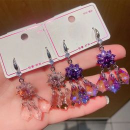 Dangle & Chandelier Drop Earrings For Girl Long Tassel Flower Purple Crystal Dnagle Earrings