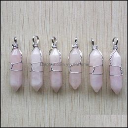 Charms Hexagonal Natural Stone Pink Rose Quartz Pillar Shape Point Handmade Iron Wire Pendant For Jewellery Making Drop Delive Yydhhome Dhmo7