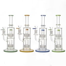 Double Stereo Matrix Hookahs 11 Inch Glass Bongs Birdcage Perc Water Pipes Coloured 14mm Joint Oil Dab Rigs Yellow Green Blue With Bowl LBLX210401