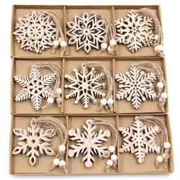 12PCSBox Vintage Snowflake Christmas Wooden Pendants Ornaments Tree Decorations Hanging Gifts Y201020