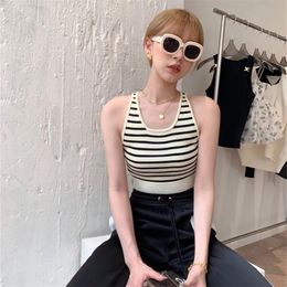 Women Vest Top Sleeveless Slim Female Striped Wool Elastic Basic Camisole Black/White Tank Tops Casual Summer Outerwear 220318