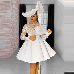 White Short Cocktail Dress With Sheer Neck Beads Appliques Long Sleeves Mini Prom Dress Formal Party Aso Ebi Vestidos
