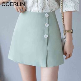 QOERLIN Shorts Skirt Women Summer Korean ALine Shorts Skirt High Waist Back Zipper Black Mini Chiffon Short Skirt Girl 210412