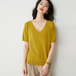 Women's T-Shirt V-neck Short-sleeved Women's High-end 2022 Summer Outer Wear Thin Section Belly-covering Knitted Sweater Top All-matchWo