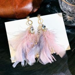 Dangle & Chandelier Ustar Pink Feather Tassel Earrings For Women White Crystal Drop Earring Statement Female Bohemia Jewellery GiftsDangle Dal