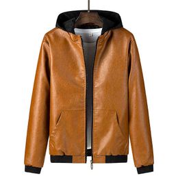 Pu Leather Men Faux Leather Jacket Autumn Winter Hooded Streetwear Yellow Jackets Casual Plus Size Boys Zip Up Jacket 4xl 5xl L220725