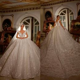 Dubai Ball Gown Wedding Dress 3D Floral Applqiues Short Sleeve Sequins Vestido Casamento Lace Bridal Gowns