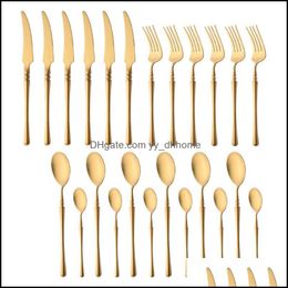 Flatware Sets Kitchen Dining Bar Home Garden 24Pcs Matte Gold Dinnerware Set 18/10 Stainless Steel Knife F D6S