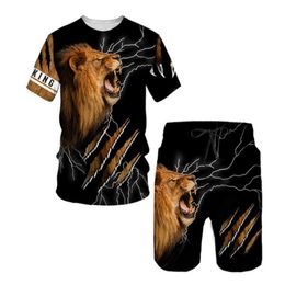 Men's Tracksuits Suit T-shirts 3D Printing Handsome Animal O-Neck Short Sleeve + Shorts Sweatshirt Casual Fashion Brand Two-Piece