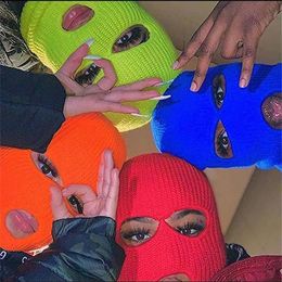 Berets 3-Hole Solid Knitted Full Face Cover Hat Ski Winter Warm Cycling Neon Balaclava Mask Halloween Party Cosplay Cap For Women MenBerets