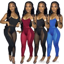 Women Two Piece Pants Suit 2022 Fashion Mesh Stitching Slim Fit Suit Sexy Hollow Out Perspective Vest Leggings Outfits For Nightclub