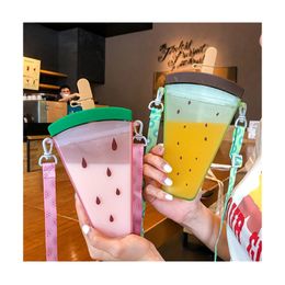 Cute Straw Cup Watermelon Water Bottle Outdoor Juice Drinking Suitable for Adult Children with Rope W1
