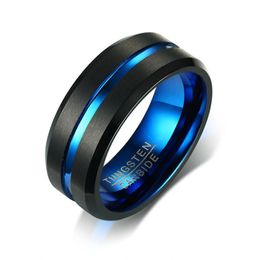 male edge UK - Men's Wedding Band Two Tone 8MM Black Tungsten Carbide Ring for Men Grooved on Brushed Center Beveled Edges Male Jewelry2030