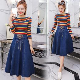 Casual Dresses Spring Autumn Women Plus Size Loose Striped Shirt And Lace-Up Big Hem Jeans Dress For Denim Two-Piece