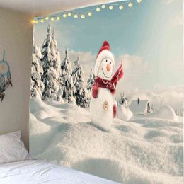 Christmas Wall Carpet Snowman Print Mounted Art Tapestry Living Room Bedroom Decoration J220804