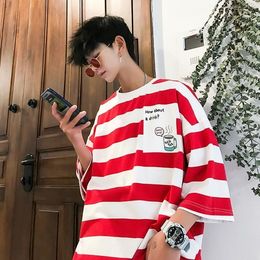 EBAIHUI Male Striped T-shirts Loose Short-sleeved Tees Men's Korean O-Neck T-shirt Casual Five-point Sleeve Top Couple Wear