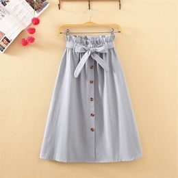 Womens Skirts Midi Knee Length Korean Elegant Button High Waist Female Pleated School 220317