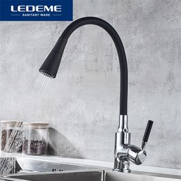 LEDEME Kitchen Faucet Black Single Handle White Tap Hole Swivel 360 Degree Rubber Water Mixer Taps Faucets L4199 220401