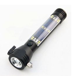 Aluminum Solar flashlight with safety Hammer multi-function outdoor Emergency light USB Rechargeable Power Bank Compass
