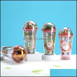 Tumblers Drinkware Kitchen Dining Bar Home Garden Cartoon Christmas Water Cup New Double-Layer Plastic St Creative Colorfu Dhntd