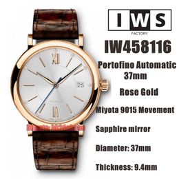 IWSF Top Quality Watches 37mm Rose Gold Miyota 9015 Automatic Womens Watch 458116 Silver Dial Leather Strap Ladies Wristwatches