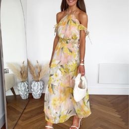 Casual Dresses Spring Boho Beach Dress 2022 Outfit Yellow Floral Print Halter Chiffon Ruffles Elegant Long DressCasual