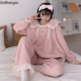 Beautiful Pyjama Sets Women In Homewear Flanelles Warm Thick Lace Patchwork Chic Princess Slouchy Nightwear Lounge Female Loose Soft L220803