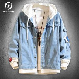 Harajuku Men Jacket 2022 Autumn Winter Patchwork Hooded Denim Jackets Washed Blue Jeans Coat Male Streetwear Hip Hop Outerwear Y220803