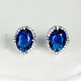 Stud Luxury Female Crystal Blue Earrings Charm Gold Silver Colour Small Vintage Oval Zircon Wedding For WomenStud